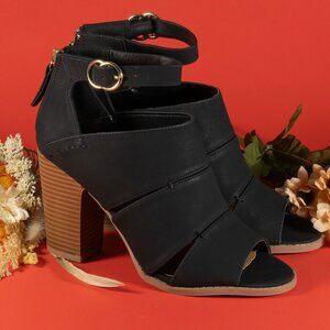 Qupid Ankle Booties Block Heel Peep Toe Side Buckle Color Black Womens Size 7